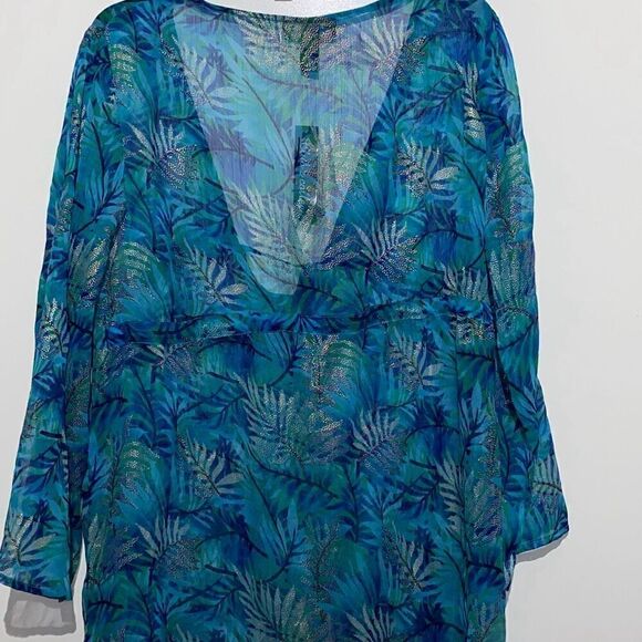 Club Z Collection Women's Blue Gold Tropical 3/4 Sleeve Swim Cover-Up Medium NWT - Picture 6 of 8